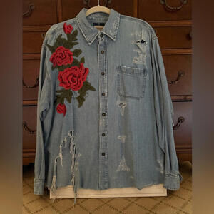 Furst Of A Kind Vintage distressed denim shirt w embroidered rose applique XXL